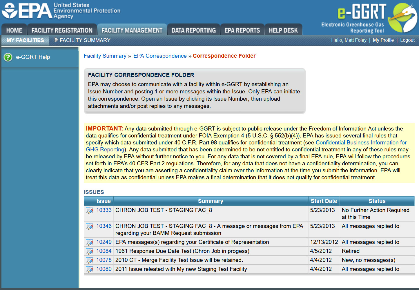 Image of the FACILITY CORRESPONDENCE FOLDER page